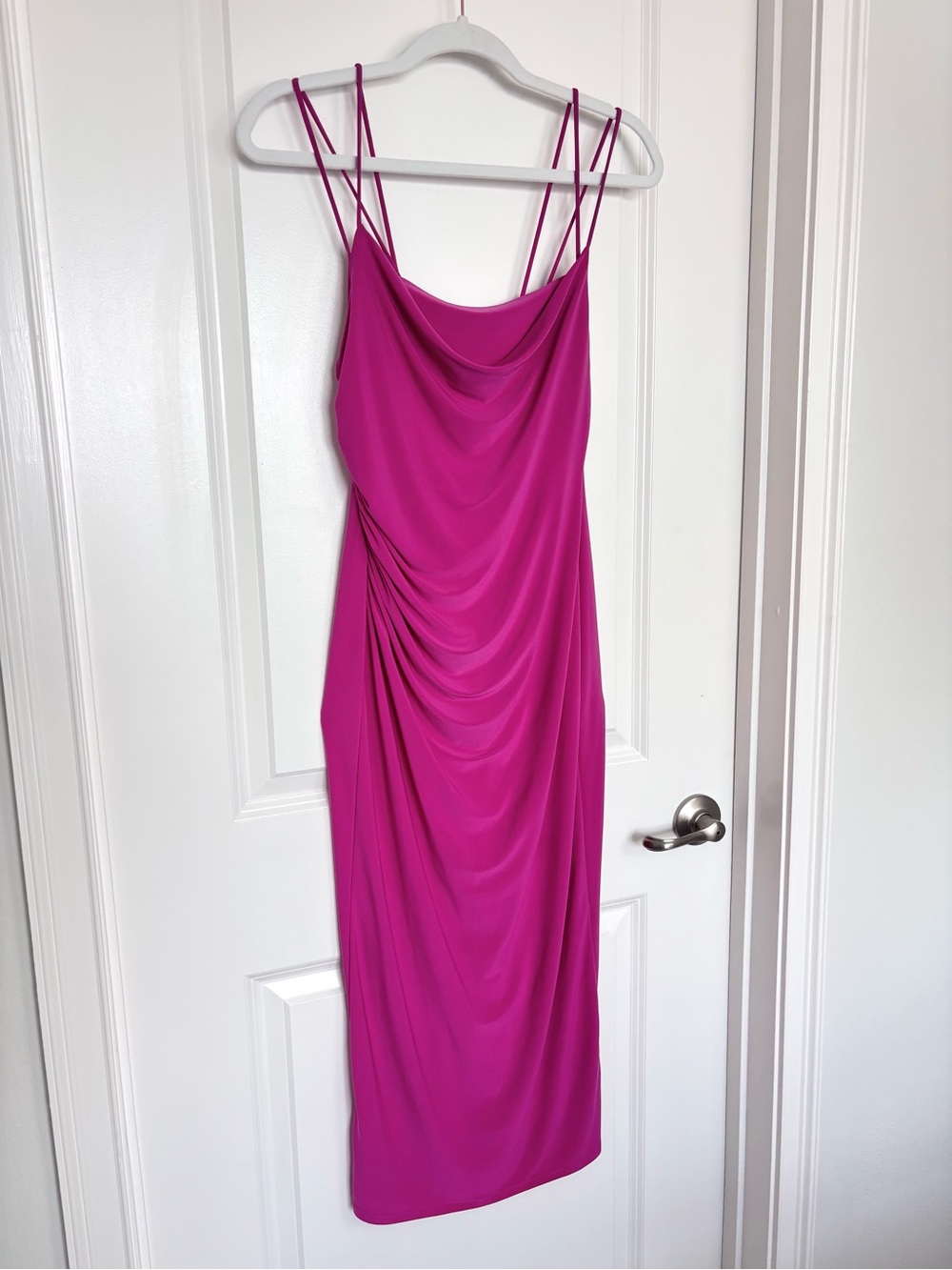 Zara Hot Pink Ruched Bodycon Midi Dress Strappy Barbiecore Slip Dress Small